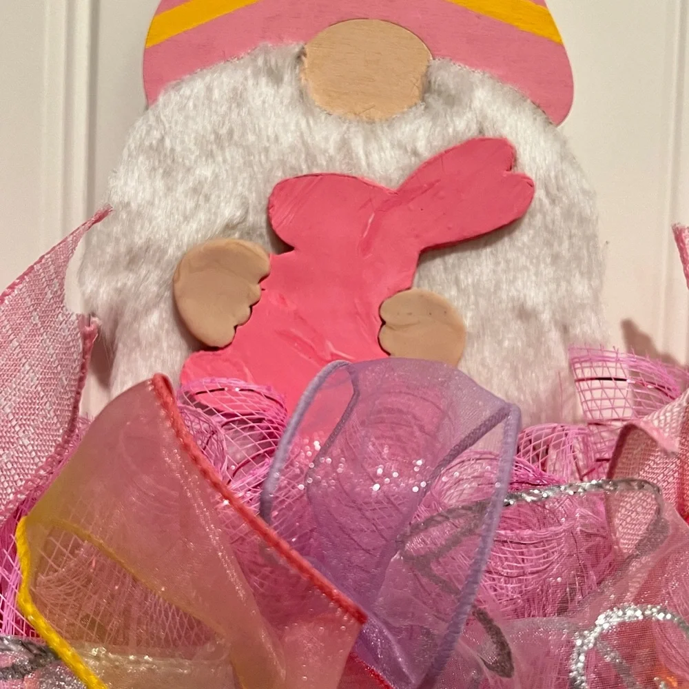 14” Easter Spring Ribbon Bow Wreath Rail Gnome Handmade Pink Orange Hndmd Gr2